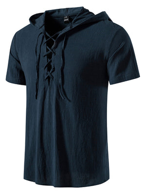 Men's navy short sleeve lace-up hooded top