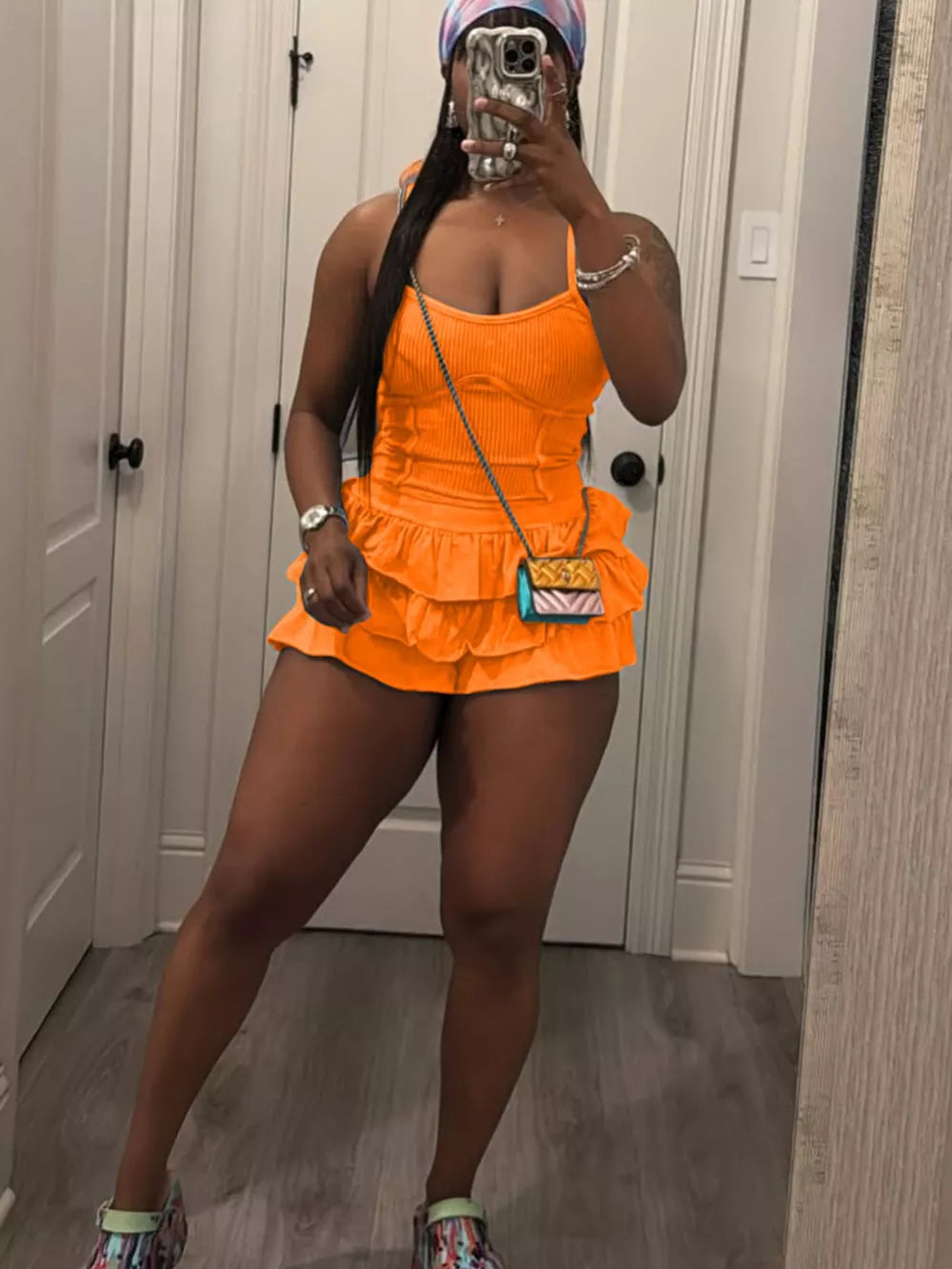 Orange scoop neck cami with ruffled skirt set, ribbed knit, spaghetti straps, casual summer outfit