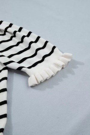 Chic striped maternity cardigan with ruffled cuffs and button detail.