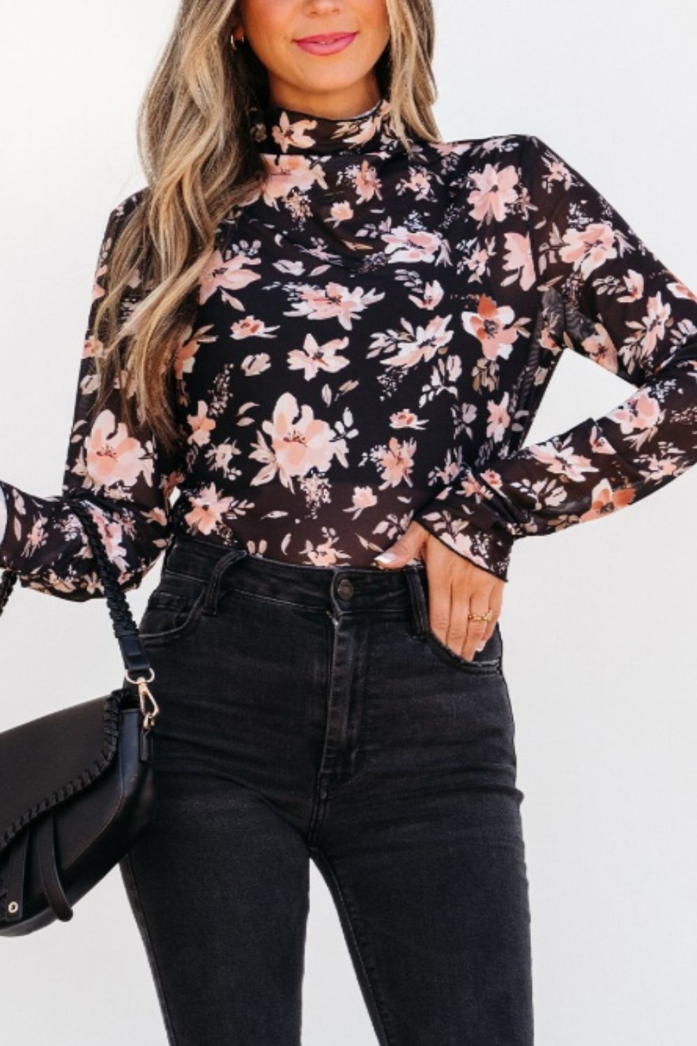 Black sheer floral mock neck long sleeve blouse