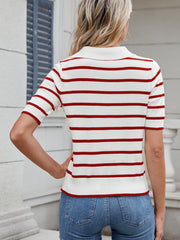 Nautical stripe polo knit top in deep red and white with short sleeves and a collar.