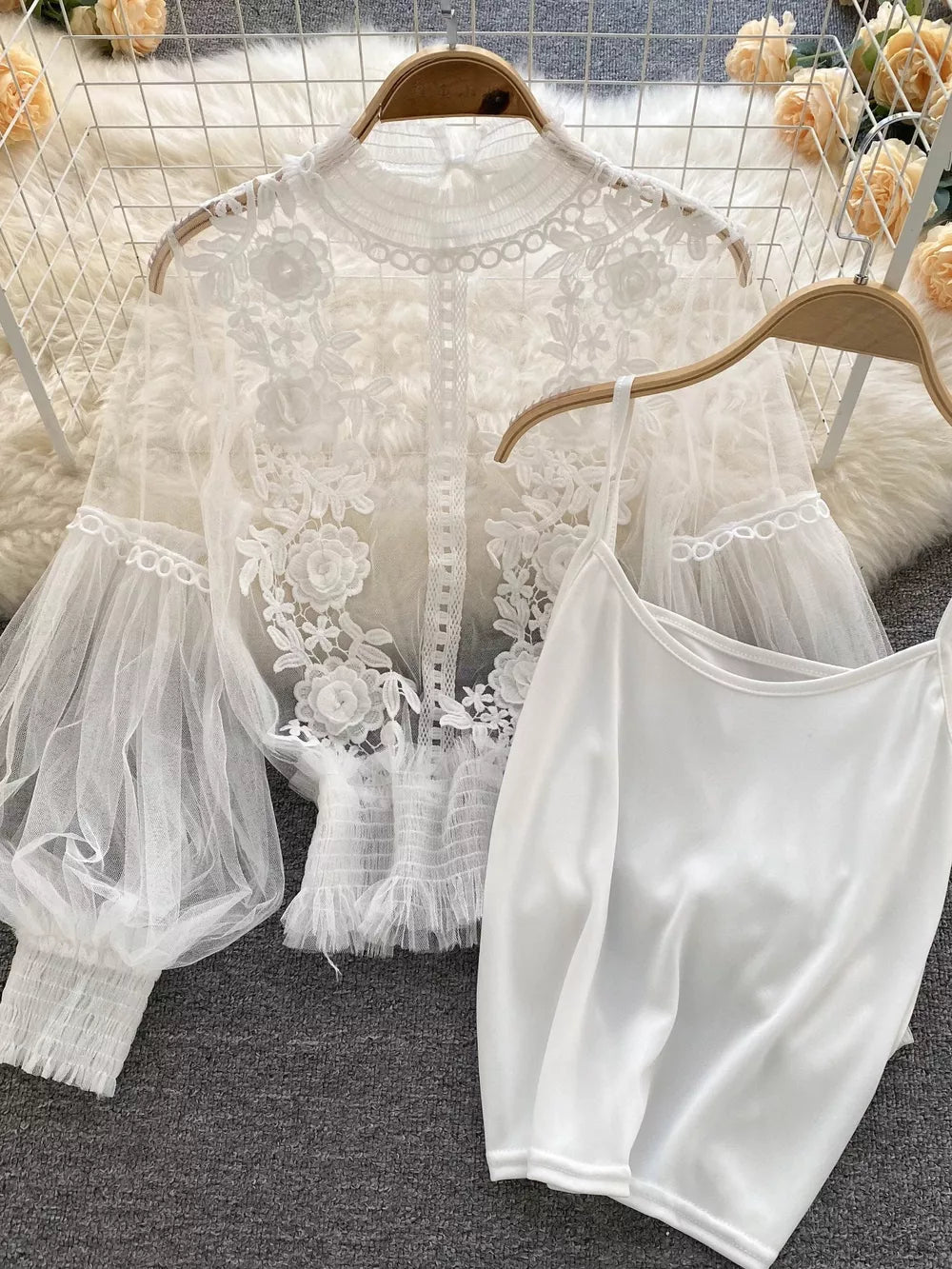 White lace embroidered blouse with sheer puff sleeves and matching cami.