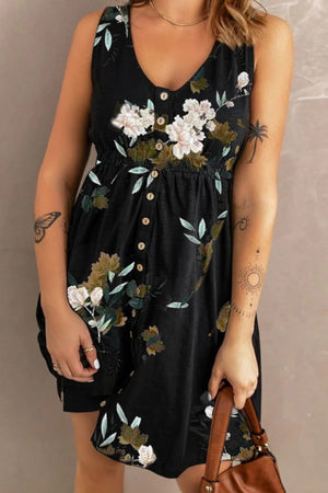 Floral button-down sleeveless midi dress in black with a V-neck and elastic waist.