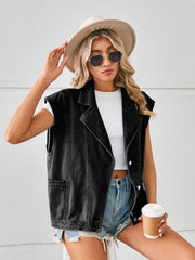 Black denim sleeveless blazer vest with lapels and button front, styled casually.