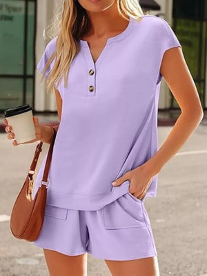 Button Detail Short Sleeve Top And Shorts Set in Lavender Purple, view 11