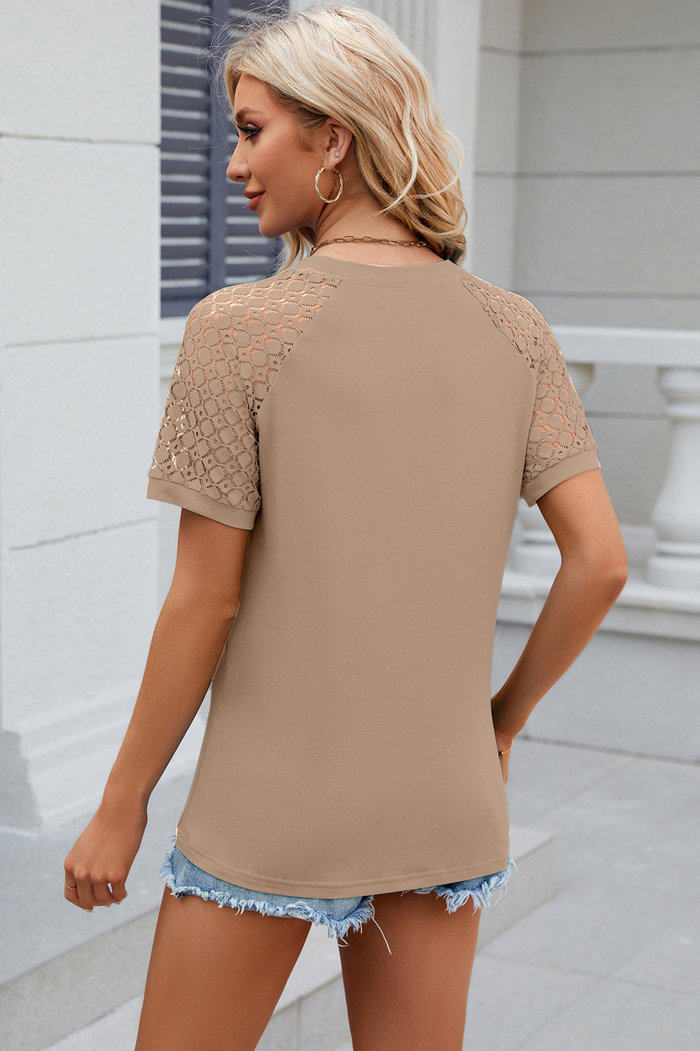 Khaki ribbed tee with lace raglan sleeves and crew neck.