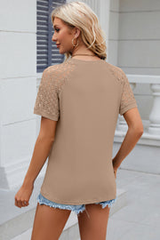 Khaki ribbed tee with lace raglan sleeves and crew neck.