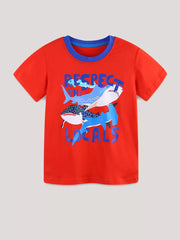 Children's red t-shirt with blue trim and cartoon sharks graphic that says Respect The Locals.