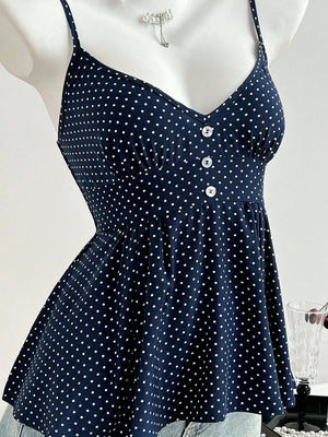 Polka Dot Peplum Cami in Navy, model styling view
