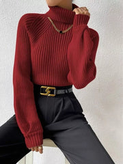 Burgundy ribbed turtleneck sweater with a high neck and long sleeves, styled with a gold chain necklace.
