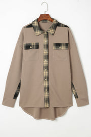 Tan waffle knit overshirt with plaid trim on collar, placket, and chest pockets.