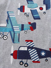 Toddler grey cotton crew neck t-shirt with playful airplane graphics.