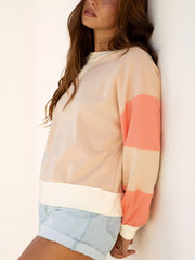 Color Block Textured Patchwork Pullover Sweatshirt in Watermelon pink, model styling view