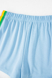 Light blue activewear shorts with rainbow stripe trim and elastic waistband.