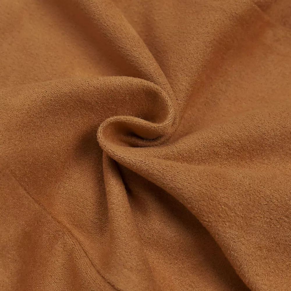 Caramel suede fabric detail of asymmetrical fringe dress