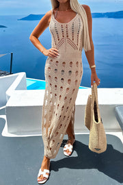 Tan open-knit crochet maxi dress with cutout details and a thigh-high slit.