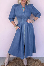 V Neck Shirred Waist Denim Midi Dress, front view