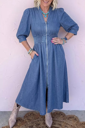 V Neck Shirred Waist Denim Midi Dress, front view