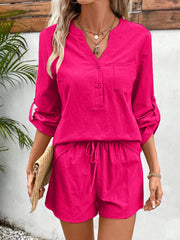 Hot Pink linen henley with roll-tab sleeves and drawstring shorts set.