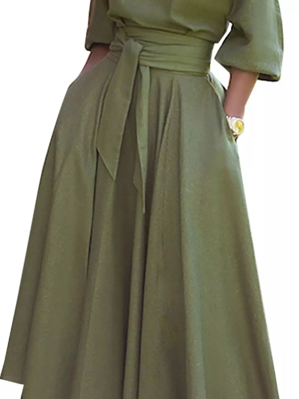 Matcha green off-the-shoulder belted dress with pockets and a tie waist.