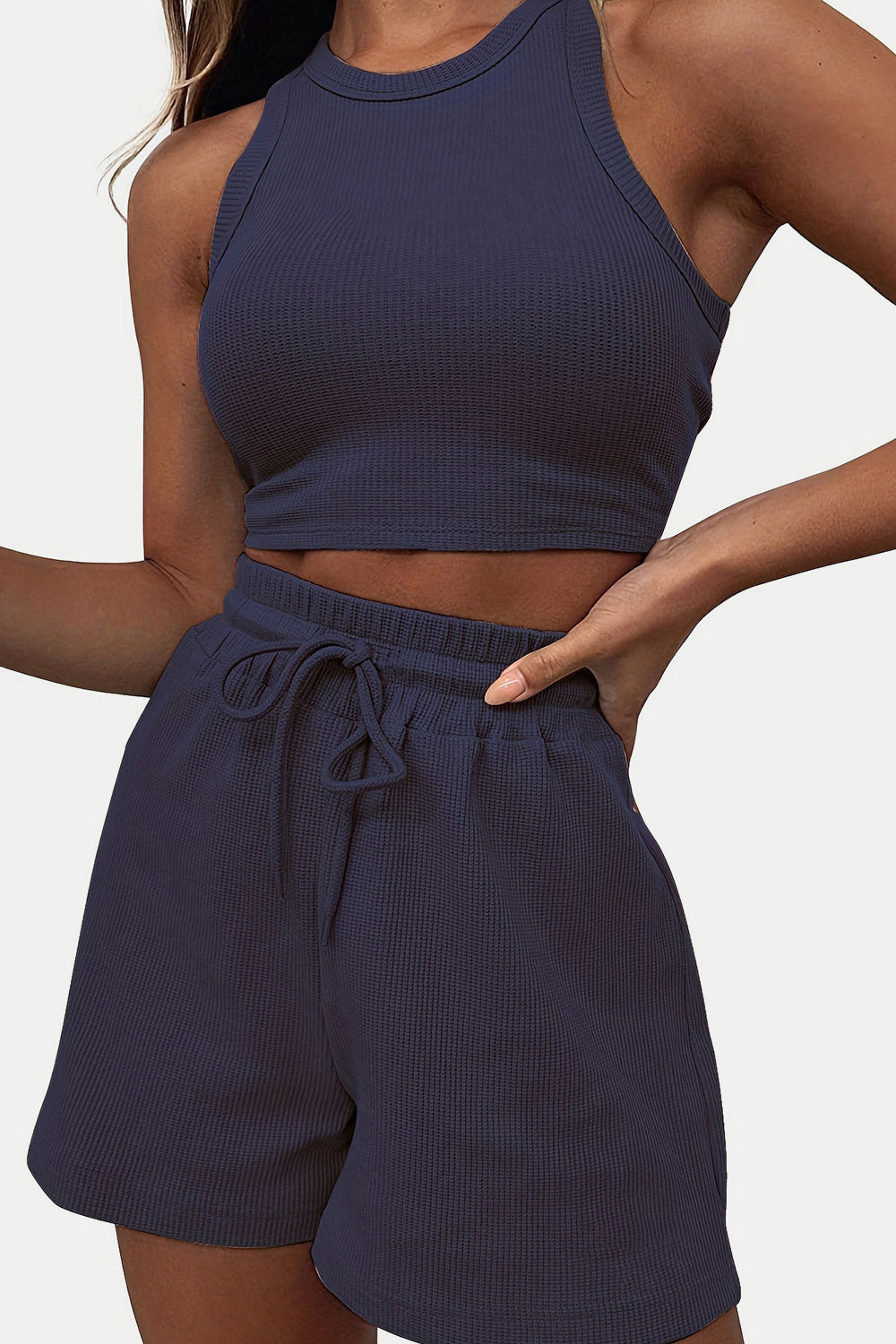 Dark Blue ribbed knit crop top and drawstring shorts set with a racerback neckline.
