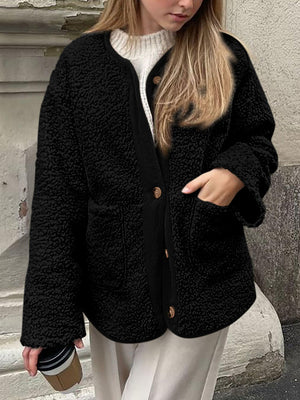 Black teddy-texture button-up jacket with corduroy trim and pockets