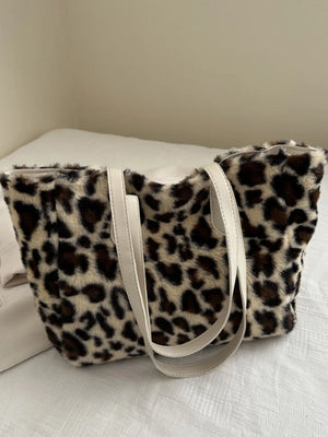 Fuzzy leopard print shopper bag with ivory handles