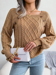 Khaki cable-knit sweater with buttoned shoulder detail and square neckline.