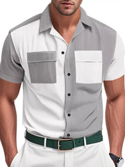 Two-tone textured short sleeve button-down shirt with two chest pockets.