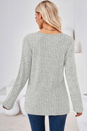Light Gray ribbed knit sweater with long sleeves and a crew neck.