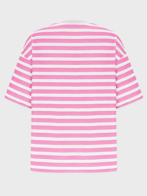 Oversized striped tee in Fuchsia Pink and white with dropped sleeves and crew neck.