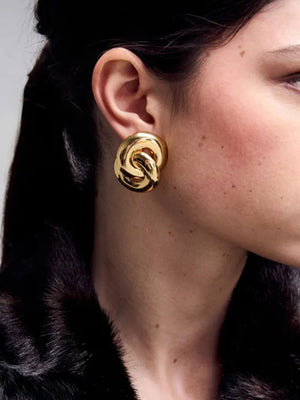 Gold interlocking knot statement earrings, 18K gold-plated.
