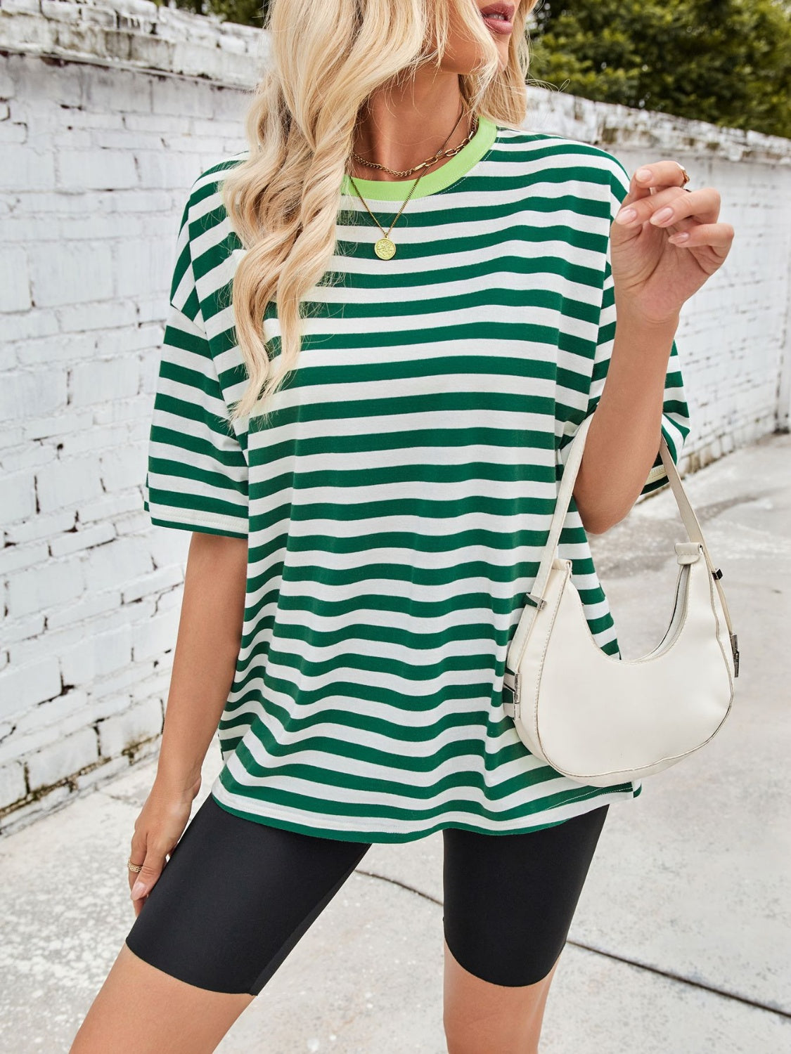 Relaxed fit t-shirt in Dark Green and white wide stripes with a contrast neon green neckline.