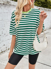 Relaxed fit t-shirt in Dark Green and white wide stripes with a contrast neon green neckline.