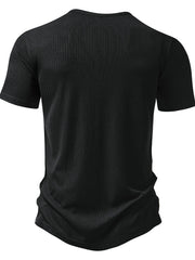 Men's black ribbed short sleeve t-shirt with a curved hem.