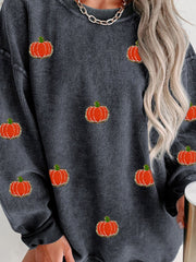 Dark Gray corduroy sweatshirt with embroidered pumpkins, crew neck, long sleeves.