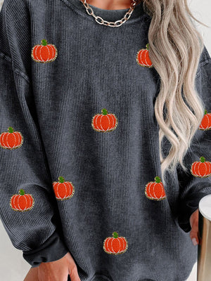 Dark Gray corduroy sweatshirt with embroidered pumpkins, crew neck, long sleeves.