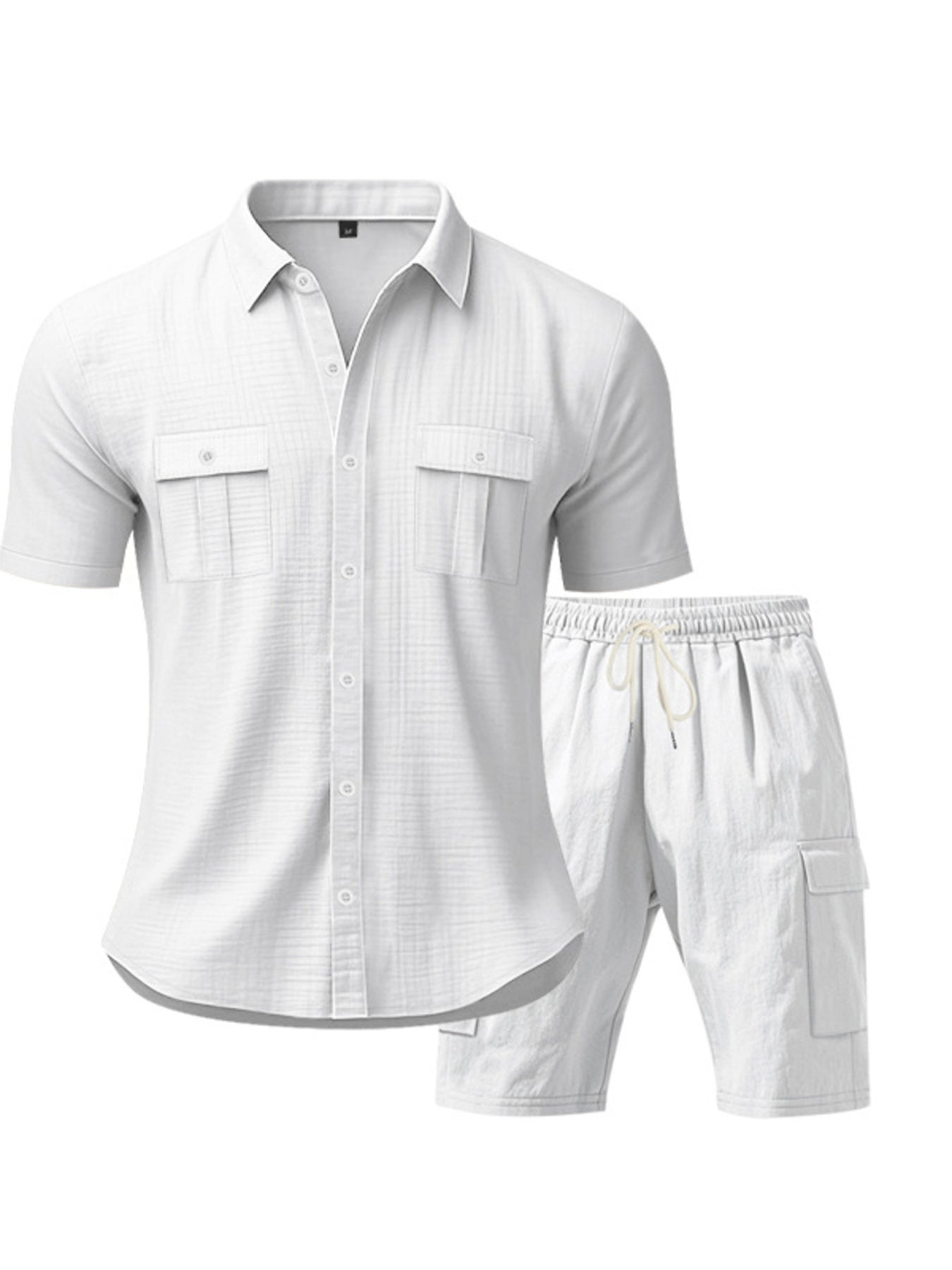 White button-up shirt and drawstring shorts set with dual chest pockets and cargo pockets.