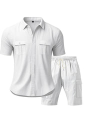 White button-up shirt and drawstring shorts set with dual chest pockets and cargo pockets.