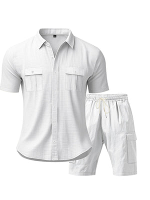 White button-up shirt and drawstring shorts set with dual chest pockets and cargo pockets.