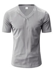 Grey ribbed V-neck t-shirt with short sleeves and a slim fit.