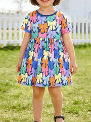 Toddler girls' a-line dress with colorful bow print, short sleeves, and round neckline.