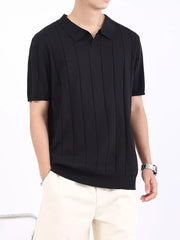 Black ribbed knit polo shirt with vertical seams and short sleeves.