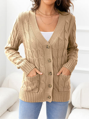 Camel cable-knit cardigan with V-neck, buttons, and pockets.