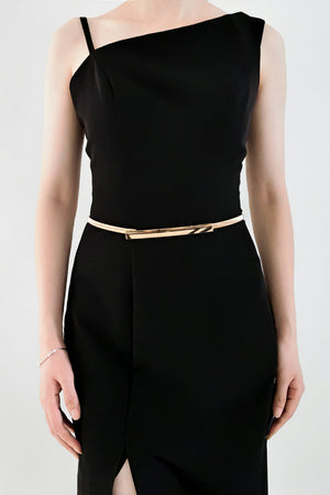 Slimline gold-tone metal waist belt with a rectangular buckle detail.