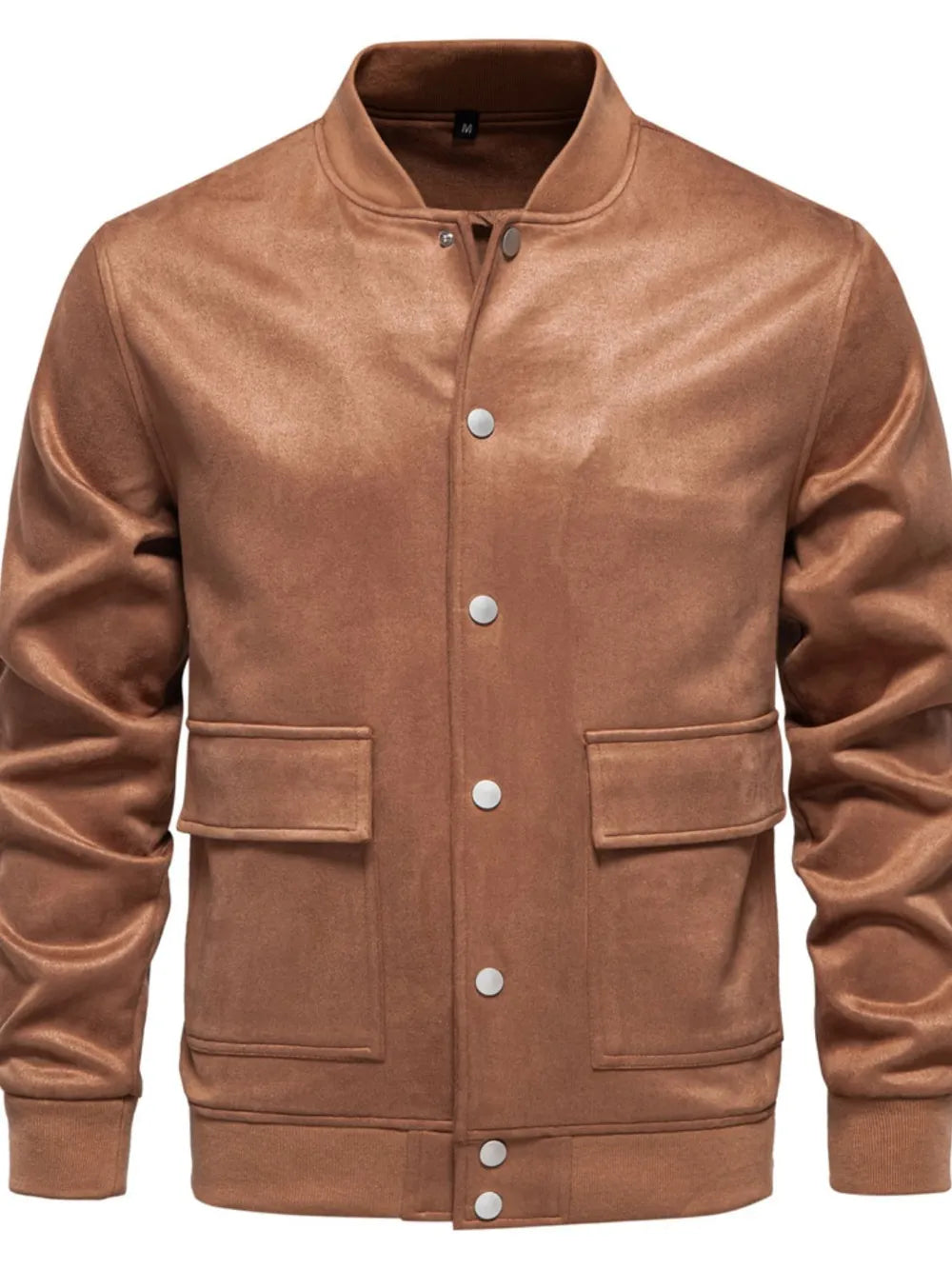 Caramel suede-effect bomber jacket with snap closure and chest pockets.