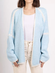 Light blue oversized cardigan with contrast trim and textured sleeves.