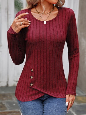 Burgundy striped long sleeve top with round neck and asymmetrical button detail