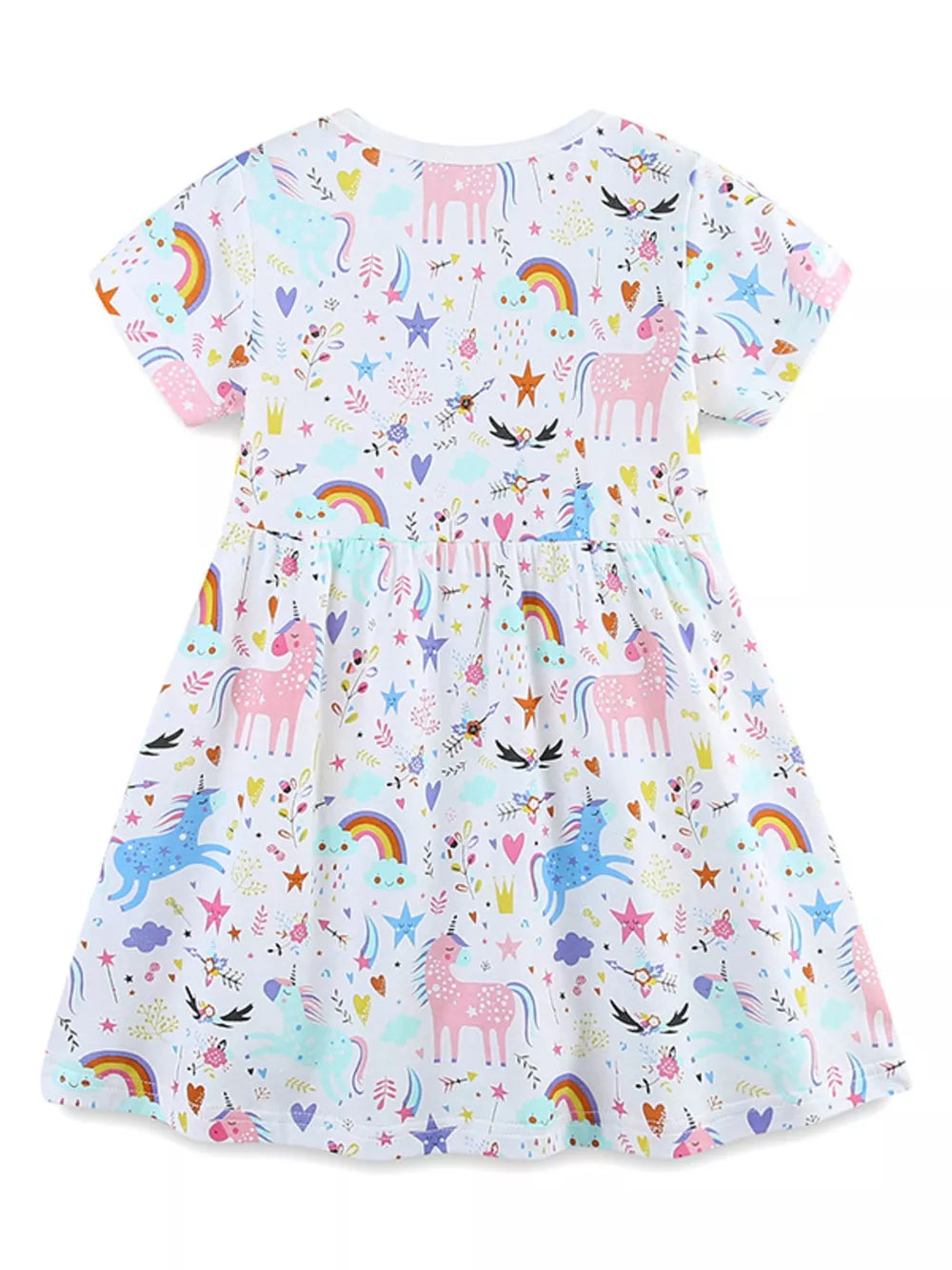 Toddler unicorn print cotton dress with short sleeves and rainbow accents.