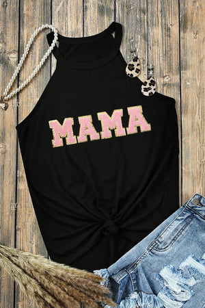 Black halter tank top with pink "MAMA" graphic and knot detail